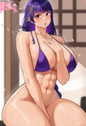 1girls abs bikini_top bottomless breasts cleavage cromwellb female genshin_impact hi_res huge_breasts light-skinned_female light_skin long_hair muscular_female naughty_face purple_eyes purple_hair raiden_shogun sweat sweaty_body thick_thighs