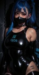 ai_generated blue_hair chained chains collar glory_hole glory_wall latex latex_bodysuit latex_gloves latex_mask leash mask naked naked_female nude piercings ponytail qos queen_of_spades tattoos