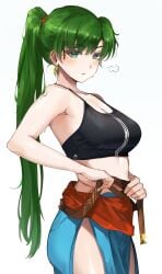 1girls absurdres adapted_costume black_sports_bra breasts cosplay earrings female female female_only fire_emblem fire_emblem:_the_blazing_blade green_eyes green_hair highres jewelry long_hair looking_at_viewer lyn_(fire_emblem) lyn_(fire_emblem)_(cosplay) medium_support_(meme) meme miru_(ormille) mole mole_under_eye nintendo ormille ponytail solo sports_bra triple_vertical_stripe undressing