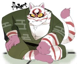 animal_crossing bara domestic_cat east_asian_clothing hyaku_(artist) kabuki_(animal_crossing) male_only pectorals