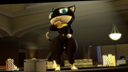 3d aidenz anthro big_ass big_butt black_body black_fur bottom_heavy bubble_ass bubble_butt casino cat_ears cat_tail curvy curvy_figure feline femboy feminine_male hand_on_face hand_on_hip looking_at_viewer male_focus male_only mask morgana_(persona) persona persona_5 sfm shortstack small_balls small_penis smug smug_face smug_grin solo_male source_filmmaker standing thick_thighs white_fur wide_hips