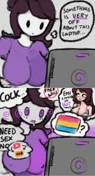 2girls big_breasts brainwashing breasts brown_hair drooling emirichu huge_breasts hypnosis hypnotic_screen hypnotized jaiden jaiden_animations meme mind_control multiple_girls nipples nipples_visible_through_clothing octoramune orientation_play pansexual pansexual_symbol pornhub purple_shirt questioning_sexuality shirt spiral spiral_eyes tech_control youtube youtuber youtuber_girl