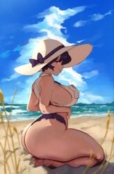 1girls ass beach big_breasts breasts crop_top feet female filia_(skullgirls) hat huge_ass kneeling large_breasts outdoors outside red_eyes rirurirue samson_(skullgirls) sideboob skullgirls smile thong