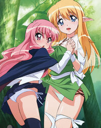 blonde_hair blue_eyes blush cape clothing color elf female female_only fujii_masahiro halterneck high_resolution holding_hands louise_francoise_le_blanc_de_la_valliere multiple_females panties pink_eyes pink_hair pinup pointy_ears see-through sheer side-tie_panties skirt skirt_lift smile stockings thighhighs tiffania_westwood underwear upskirt zero_no_tsukaima