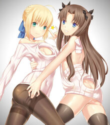 2girls artoria_pendragon ass ass_cutout bare_back bare_shoulders black_hair blonde_hair blue_eyes blush breasts brown_hair cleavage cleavage_cutout eyebrows eyebrows_visible_through_hair eyelashes fate/stay_night fate_(series) female female_ass female_only green_eyes hair_bun hug human long_hair looking_at_viewer multiple_girls no_bra no_panties open-chest_sweater pantyhose saber shoutai_(7490773) simple_background smile star thighhighs thighs tied_hair tohsaka_rin twintails