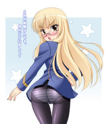 blush clothing glasses megane narutaki_shin panties panties_under_pantyhose pantyhose perrine_h_clostermann shimapan strike_witches striped striped_panties tights translation_request underwear