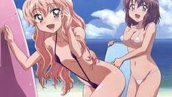 beach bikini flat_chest henrietta_de_tristain long_hair louise_francoise_le_blanc_de_la_valliere medium_breasts micro_bikini mizugi photoshop pink_eyes pink_hair purple_hair short_hair sling_bikini surfboard swimsuit very_long_hair wet zero_no_tsukaima