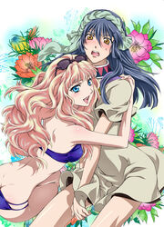 1boy 1boy1girl 1girls 2girls ass ass_cleavage bikini blonde_hair blue_hair butt_crack clothing cosplay crossdressing dress flower iyou long_hair macross macross_frontier mizugi mizuno_poppo mtf_crossgender parody saotome_alto sara_nome_(cosplay) shaman sheryl_nome swimsuit yellow_eyes