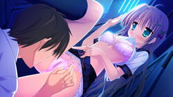 blue_eyes blush bra breasts brown_hair cameltoe female game_cg hair_ornament kneehighs long_hair magical_marriage_lunatics!! moonstone ornament panties pink_bra pink_panties pussy_juice shirt_lift skirt skirt_lift underwear wet yamakaze_ran yuuna_shirahase