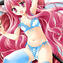 animal_ears blue_panties blush bra cat_ears kamiya_tomoe lingerie long_hair louise_francoise_le_blanc_de_la_valliere panties pink_eyes pink_hair side-tie_panties small_breasts stockings thighhighs underwear wand zero_no_tsukaima