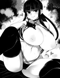 breasts cleavage closed_mouth collarbone commentary_request cowboy_shot curvy female gloves greyscale groin hand_on_own_chest haseru_(ginku_mh) heart highres huge_breasts long_hair monochrome navel nipples original panties sidelocks smile solo sweat thighhighs tongue tongue_out underwear