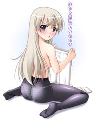 blonde_hair blush eila_ilmatar_juutilainen feet long_hair looking_back narutaki_shin panties panties_under_pantyhose pantyhose purple_eyes shimapan sitting strike_witches striped striped_panties tights topless translation_request underwear wariza white_legwear