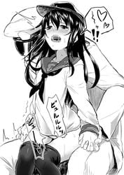 1boy admiral_(kantai_collection) akatsuki_(kantai_collection) black_hair black_legwear blush cowgirl_position female flat_cap hat implied_sex interlocked_fingers kantai_collection long_hair monochrome naval_uniform open_mouth orgasm pantyhose pantyhose_pull pennel personification school_uniform serafuku sitting sitting_on_lap sitting_on_person stealth_sex trembling