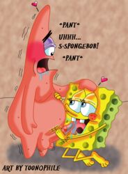 2boys blush drool handjob heart licking multiple_boys nickelodeon non-human non-human_only patrick_star penis saliva sea_sponge smooth_skin spongebob_squarepants spongebob_squarepants_(character) starfish tongue toonophile toony yaoi