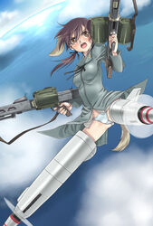 blush brown_eyes brown_hair clothing dual_wielding gertrud_barkhorn gun long_hair panties satou_atsuki small_breasts strike_witches tail tied_hair twintails underwear weapon