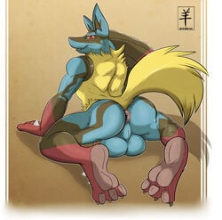 1boy 2013 aaron_(artist) all_fours anthro anus ass back beige_background big big_ass big_testicles black_fur blue_fur brown_background canine claws feet feet_in_camera fur furry half-closed_eyes jackal looking_at_viewer looking_back lucario male male_only mega_evolution mega_lucario nintendo nude open_mouth pawpads paws penis plain_background pokemon pokemon_(species) pokemon_dppt pokemon_xy red_eyes red_fur shadow smile solo squint tail testicles text tongue veins veiny_penis video_games white_border white_eyes yellow_fur