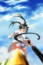 animal_ears ass black_hair cat_ears clothing cute_fang francesca_lucchini green_eyes no_pants nurumu panties shimapan sky strike_witches striker_unit striker_units striped striped_panties tail tied_hair twintails underwear