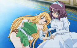 blonde_hair blue_eyes blush breasts bridal_gauntlets clothing cousins crown detached_sleeves detexted dress elf fingerless_gloves gloves halterneck hat henrietta_de_tristain high_res highres huge_breasts imoto_yuki large_breasts long_hair oppai photoshop pointy_ears purple_hair short_hair thighs tiffania_westwood zero_no_tsukaima