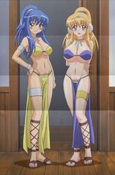 2girls arabian_clothes blonde_hair blue_eyes blue_hair blush breasts cap circlet clothing dancer green_eyes harem_outfit high_res highres large_breasts loincloth long_hair mizugi multiple_girls oppai ponytail sandals screencap standing stitched swimsuit sylpheed tied_hair tiffania_westwood zero_no_tsukaima