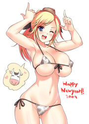 aida_takanobu armpits bikini blonde_hair blue_eyes blush bovine breasts cow_print freckles front-tie_top garrison_cap hat huge_breasts katharine_ohare large_breasts long_hair micro_bikini mizugi navel new_year open_mouth ponytail side-tie_bikini smile strike_witches string_bikini swimsuit tied_hair wink