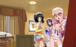 3girls black_hair blue_eyes blush bow chair clothing curtains dress flat_chest henrietta_de_tristain high_resolution large_breasts light looking_at_viewer louise_francoise_le_blanc_de_la_valliere maid maid_headdress multiple_girls panchira panties pantyshot picture_frame pillow pink_eyes pink_hair pointing pointing_at_viewer purple_hair side-tie_panties siesta stockings underwear undressing wallpaper zero_no_tsukaima