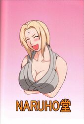 blush breasts cleavage closed_eyes crossed_arms facial_mark female female_only forehead_mark high_res highres human large_breasts moire naruto open_mouth oppai ponytail scan scan_artifacts solo tied_hair tsunade