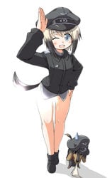 blue_eyes blush bottomless canine censored clothing erica_hartmann hat multicolored_hair naitou_kouse no_panties panties short_hair strike_witches sunlight_censor sweatdrop tail two_tone_hair unaware underwear wink