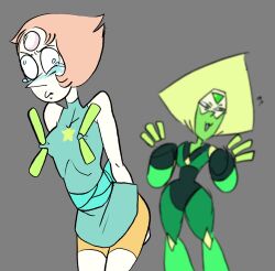 :3 blush cartoon_network dzk gem_(species) groping_breasts limb_enhancers molestation nipple_clamps nipple_pinch nipple_tweak pearl_(steven_universe) peridot_(steven_universe) steven_universe tearing_up wide_eyed yellow_shorts