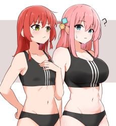 2girls ? amogan bare_shoulders belly big_breasts black_bra black_panties black_tank_top black_tanktop blue_eyes blush bocchi_the_rock! breast_envy breast_size_difference cleavage clueless collarbone confused confused_expression confused_face confused_look confusion embarrassed envy female female_only fit flat_chest gotou_hitori green_eyes hair_accessory hand_on_chest hand_on_own_chest huge_breasts kita_ikuyo large_breasts light-skinned_female looking_at_another medium_hair medium_support_(meme) meme midriff navel panties pink_hair pout red_hair small_breasts sports_bra sportswear standing stomach sweatdrop tank_top tanktop tearing_up tears waist