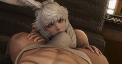 1boy 1boy1girl 1girls 3d abs big_bulge bulge bulge_lick bulge_through_clothing bunny_ears cock_worship final_fantasy final_fantasy_xiv huge_bulge human human_male interspecies light-skinned_female light-skinned_male light_skin muscular muscular_male nikki_(lovemax) silver_eyes viera white_hair