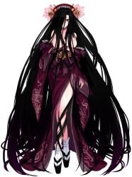 absurdly_long_hair bare_shoulders black_eyes breasts cleavage crossed_legs full_body hair_censor highres japanese_clothes kejourou_(monster_girl_encyclopedia) kenkou_cross kimono large_breasts long_hair looking_at_viewer monster_girl monster_girl_encyclopedia official_art okobo simple_background smile solo standing succubus tabi very_long_hair watson_cross white_background yuujo