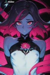 abstract_background absurd_res ai_generated black_hair collarbone colorful cute darabri dark_background detailed femboy feminine feminine_male flower girly gloves glowing highres logo nipples open_mouth patreon patreon_logo red_eyes red_highlights sleeves tattoo tight_clothing toned trap