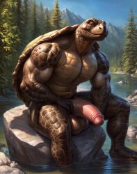 1anthro 1boy 1male 1man 2023 ai_generated alex2018 anthro balls big_balls big_penis detailed_background furry genitals glans huge_balls huge_cock looking_at_viewer male male_focus male_only muscular nude penis reptile river scalie shell sitting smile solo solo_male spread_legs spreading tagme tortoise trees turtle turtle_shell