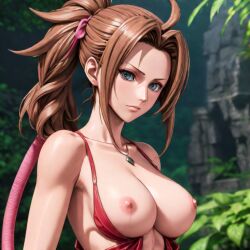 aerith_gainsborough ai_generated breasts brown_hair final_fantasy final_fantasy_vii final_fantasy_vii_remake hairband jungle necklace nipples nude pink_hairband ponytail square_enix