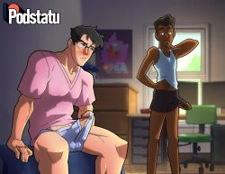 2boys ashamed awkward_situation bed bedroom big_balls big_penis black_hair blush boner casual_boner casual_erection casual_exposure chocolate_and_vanilla chocolate_and_vanilla_yaoi clark_kent clark_kent_(my_adventures_with_superman) dark-skinned_male dc dc_comics dorm_room erection erection_under_clothes erection_under_clothing gay glasses hand_on_neck hard_on human interracial jimmy_olsen jimmy_olsen_(my_adventures_with_superman) kryptonian light-skinned_male looking_at_another looking_at_each_other male male_only morning_wood muscular muscular_male my_adventures_with_superman nsfw patreon podstatu proud proud_of_his_cock room roommate roommates sitting sitting_on_bed superman superman_(series) uncensored yaoi