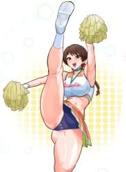 1girls abs anklehighs art_of_fighting big_breasts braided_hair braided_ponytail brown_eyes brown_hair castro__503_(artist) cheerleader cheerleader_uniform crew_socks female headband king_of_fighters large_breasts leg_up nipple_bulge panties pom_poms shoes skirt snk socks socks_and_shoes standing_split sweat sweatdrop sweating sweaty thick_thighs white_socks yuri_sakazaki