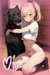 1girls ai_generated big_breasts blonde_hair blush canine duo female green_eyes hugging jewelry joachim kneeling looking_at_viewer love panties pink_panties pixai quadruped romantic_couple smile twintails underboob underwear x-ray zoophilia