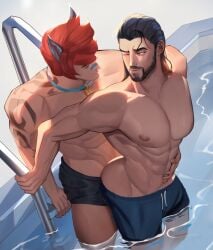 ass_exposed bara beard cat_ears foreplay gay grinding grinding_through_clothes league_of_legends long_hair mostly_nude mostly_nude_male pool pool_party_series pool_party_sett poolside sett sociopotato1 sylas tattoo tattooed_arm teasing toned toned_body toned_male wink yaoi