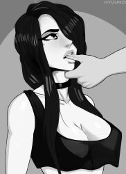 big_breasts black_hair borrowed_character choker crop_top eye_makeup finger_in_mouth haptephilia lips long_hair looking_up nila_(telepurte) nyuunzi original tank_top thumb_in_mouth