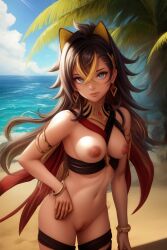 1girls ai_generated animal_ears blue_eyes bracelet breasts cat_ears dark-skinned_female dark_skin dehya_(genshin_impact) earrings female female_only genshin_impact hair_between_eyes kirill782 long_hair medium_breasts multicolored_hair nipples nude pussy solo solo_female stable_diffusion