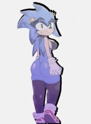 anthro back_view big_ass big_breasts big_butt black_bra blue_fur bottomless bottomless_female bra collar ear_piercing ear_ring from_behind gloves lnrtfflnrtff looking_at_viewer makeup raised_eyebrows rule_63 sneakers sonic_(series) sonic_the_hedgehog sonic_the_hedgehog_(series) thighhighs topwear_only two_tone_body two_tone_fur