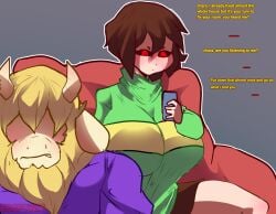 1boy 1boy1girl 1girls asgore_dreemurr blonde_beard blonde_hair brown_hair chara eosftwit goat red_eyes tagme undertale undertale_(series)