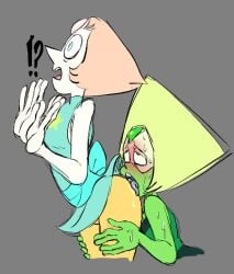 ass ass_worship blush cartoon_network clothed_female dzk eyes_rolling_back gem_(species) licking licking_ass molestation pearl_(steven_universe) peridot_(steven_universe) shocked_expression steven_universe sweat yellow_shorts yuri