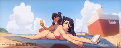 2girls asami_sato avatar_legends beach beach_towel bikini blue_eyes bracelets canon_couple chocolate_and_vanilla cleavage cooler dark-skinned_female female female_only green_eyes human interracial korra light-skinned_female lotion lotion_bottle multiple_girls sugarlesspaints sunscreen swimsuit the_avatar the_legend_of_korra twintails water_tribe yuri