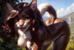 2023 ai_generated anthro breasts brown_body brown_fur brown_hair canineluvr19 chest_tuft domestic_cat felid feline felis female fur furry hair hi_res inner_ear_fluff long_hair looking_at_viewer mammal nipples nude on_all_fours raised_tail smile solo tagme tail tuft whiskers