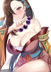 1girls alternate_costume bare_shoulders bare_thighs bead_necklace beads blush breasts brown_eyes brown_hair cleavage cowboy_shot detached_sleeves female female female_only fire_emblem fire_emblem_fates fire_emblem_heroes hair_ornament hair_over_one_eye hand_up highres japanese_clothes jewelry kagero_(fire_emblem) kagero_(winds_offered)_(fire_emblem) kimono large_breasts long_hair looking_at_viewer mature_female necklace nintendo official_alternate_costume pelvic_curtain ponytail short_kimono sitting smile solo tara_(szzj7733) thick_thighs thighs white_background