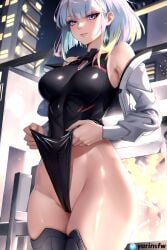 ai_generated big_breasts blue_eyes blue_hair bodysuit breasts cameltoe city clothed clothes_lift clothes_pull cyberpunk:_edgerunners cyberpunk_2077 gradient_hair impossible_bodysuit looking_at_viewer lucyna_kushinada pulled_by_self smiling standing thick_thighs thighhighs thighs