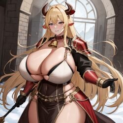 1girls ai_generated armor bell_collar big_breasts bimbo blonde_hair breasts_bigger_than_head chaos_(warhammer) cow_ears cow_horns cowbell cult cultist female female_only horn horns hucow khorne large_breasts red_clothes red_clothing solo solo_female unstable_diffusion warhammer_(franchise) warhammer_fantasy weapon