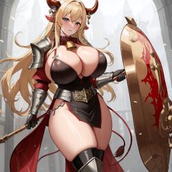 1girls ai_generated armor bell_collar big_breasts bimbo blonde_hair breasts_bigger_than_head chaos_(warhammer) cow_ears cow_horns cowbell cult cultist female female_only horn horns hucow khorne large_breasts red_clothes red_clothing solo solo_female unstable_diffusion warhammer_(franchise) warhammer_fantasy weapon