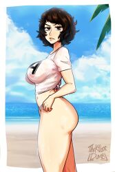 1girls ass atlus beach big_ass bikini bikini_bottom bottomwear brown_eyes brown_hair fat_ass female female_only hair lips mature mature_female mature_woman nipples nipples_visible_through_clothing persona persona_5 sadayo_kawakami shirt short_hair side_view sideboob solo solo_female swimsuit swimwear teacher thekillerdumb thick_thighs thighs topwear white_shirt